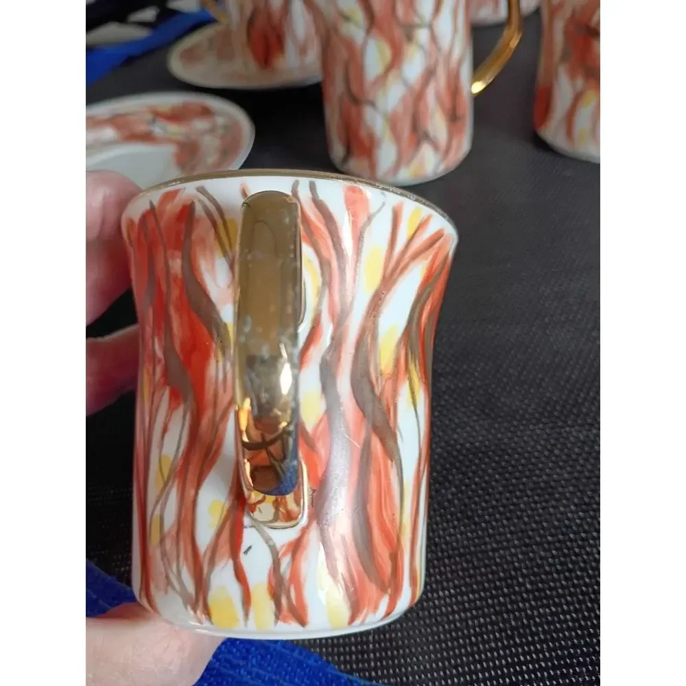 Vintage Włocławek Poland 17 Pc Porcelain Tea Coffee Set Abstract Flame Gold Trim